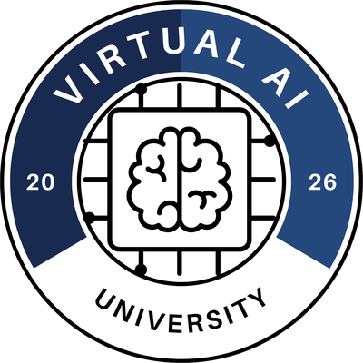 VirtualAI University seal — a brain-on-a-chip mark ringed by the words Virtual AI University, est. 2026
